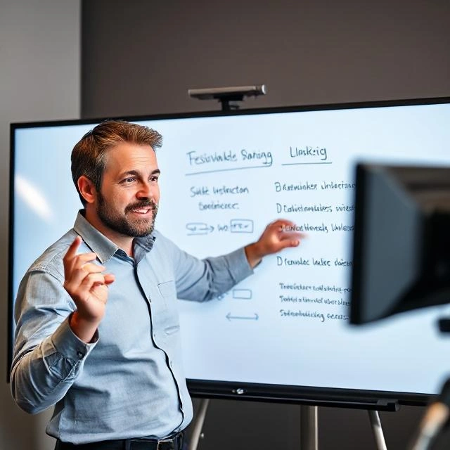 Polish instructor presenting on whiteboard
